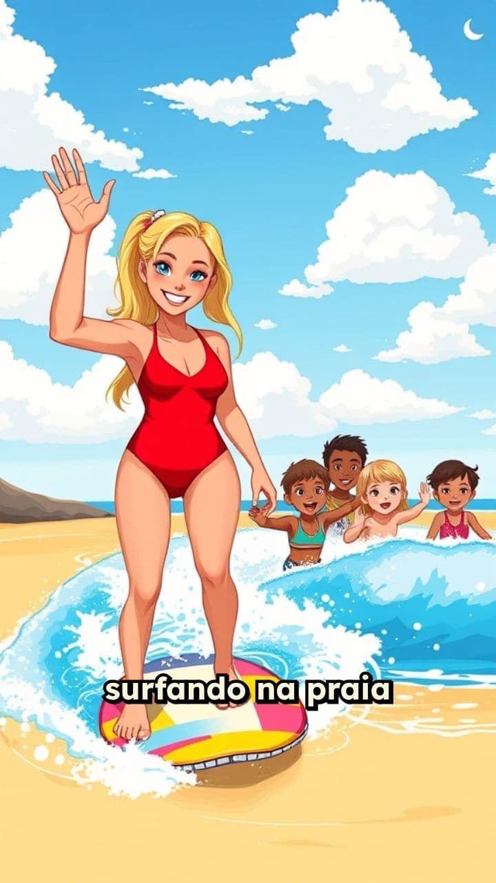 Surfando e Acenando na Praia