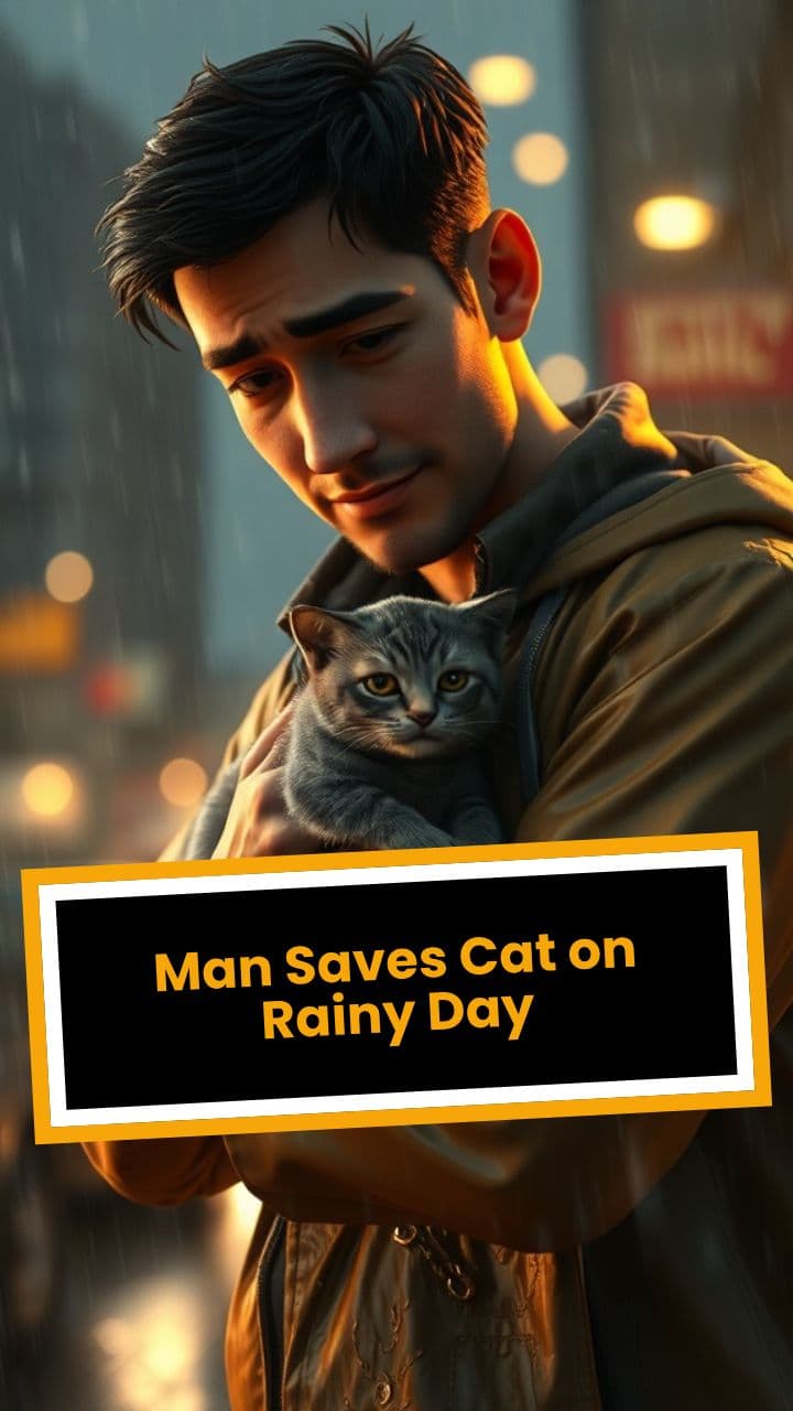 Man Saves Cat on Rainy Day