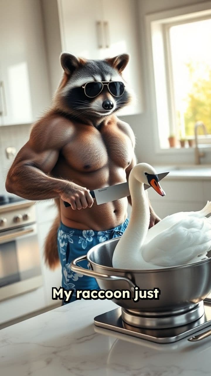 Buff Raccoon Cooks Swan in My Kitchen