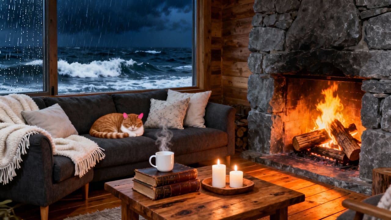 Rainy Night in a Cozy Seaside Cabin