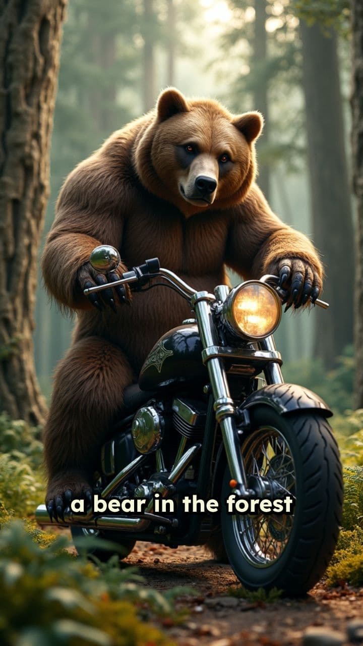 Bear Riding a Motorcycle in the Forest
