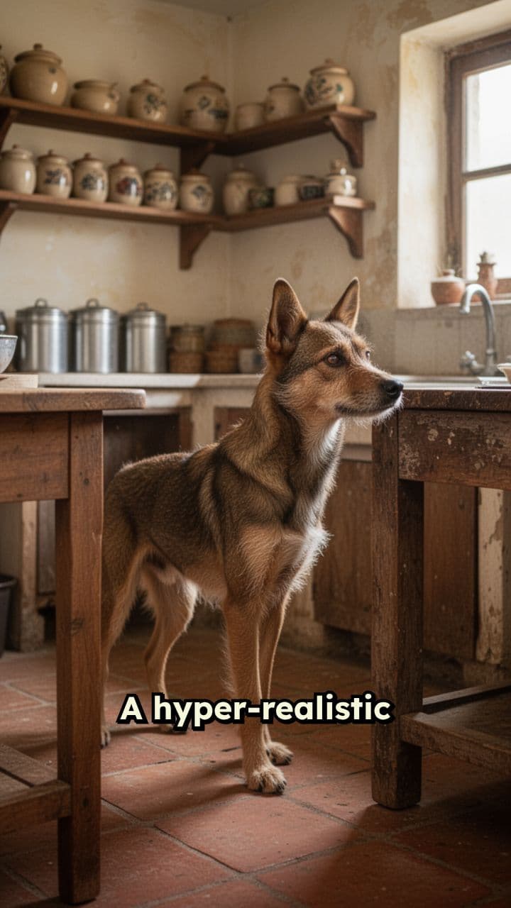 Street Dog Cooks in Sunlit Kitchen