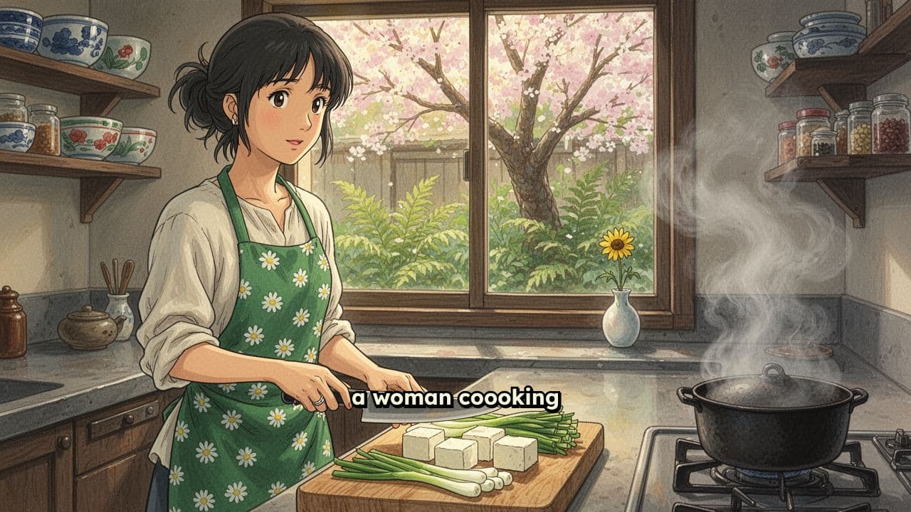 Woman Cooking in a Japanese Kitchen