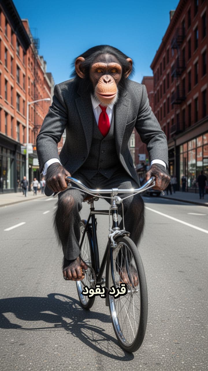 قرد أنيق يقود دراجة في الشارع