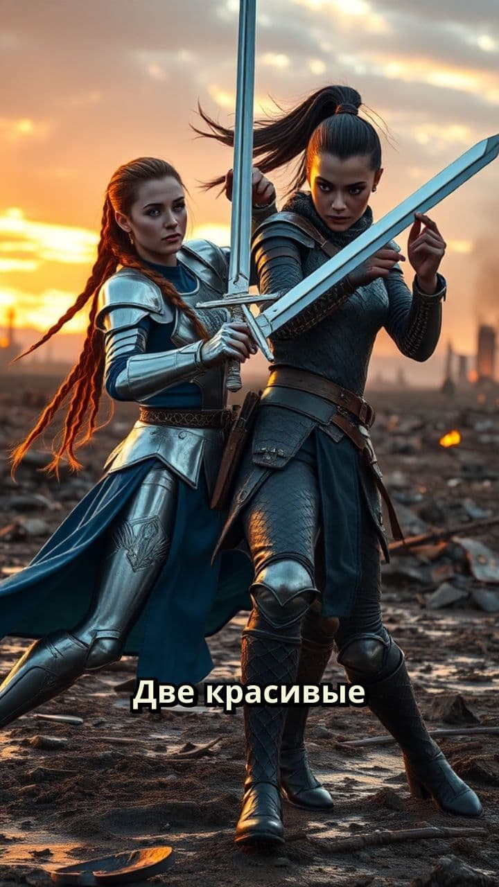 Девушки в доспехах сражаются мечами