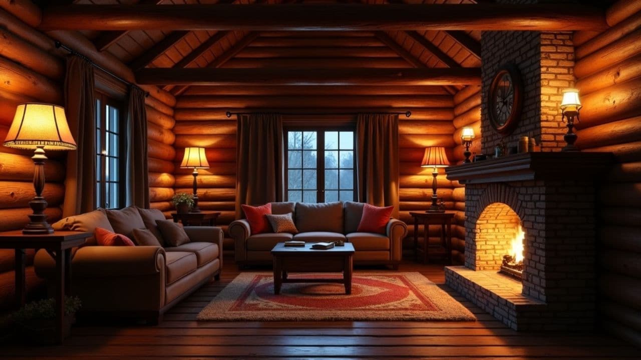 Cozy Log Cabin Interior at Night