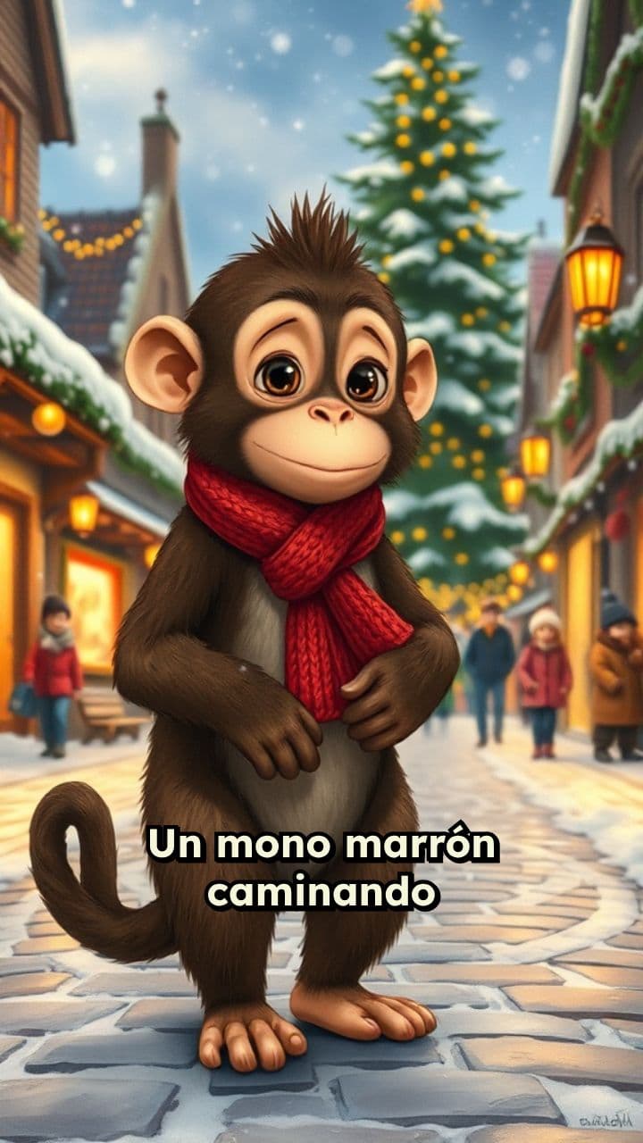 Mono marrón en pueblo navideño nevado
