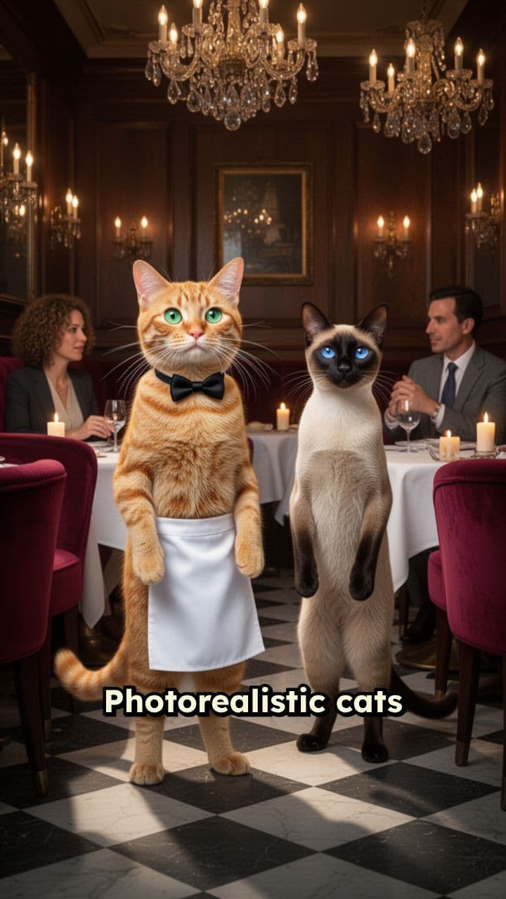 Photorealistic Cat Waiters in a Bistro