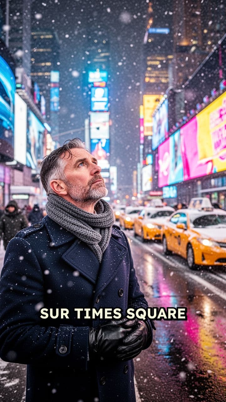 Un personnage sous la neige à Times Square