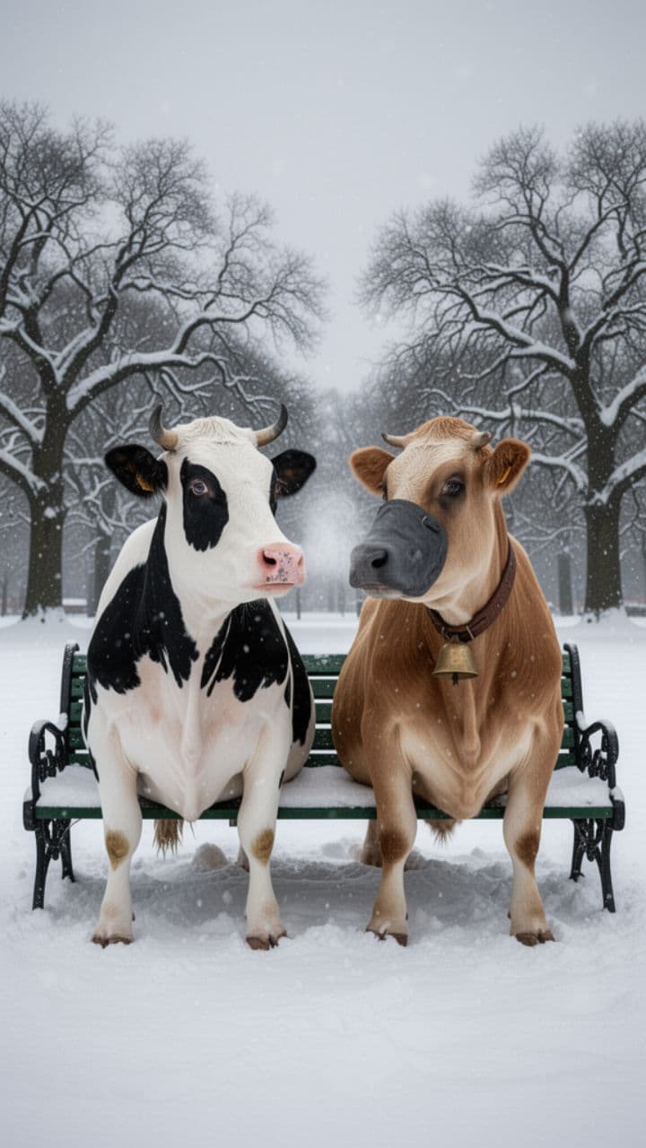 Vaci vorbind pe bancă în ninsoare