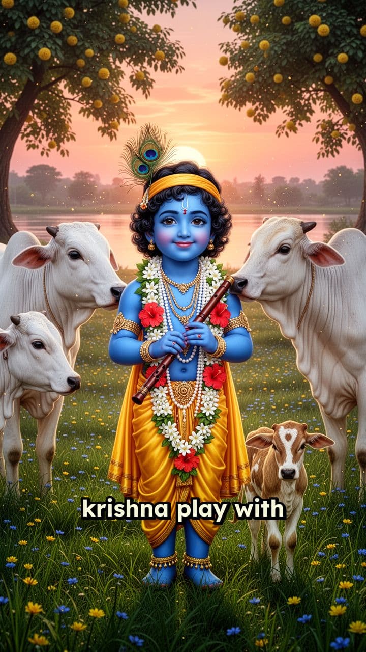 Krishna Playing with Cows in Vrindavan