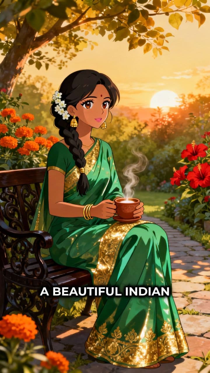 Saree-Clad Lady Enjoying Chai in Garden