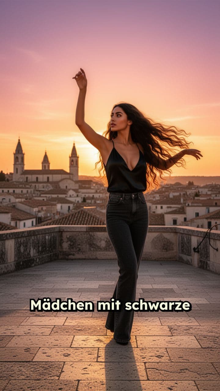 Tanzendes Mädchen mit dunklen Haaren und Ausschnitt