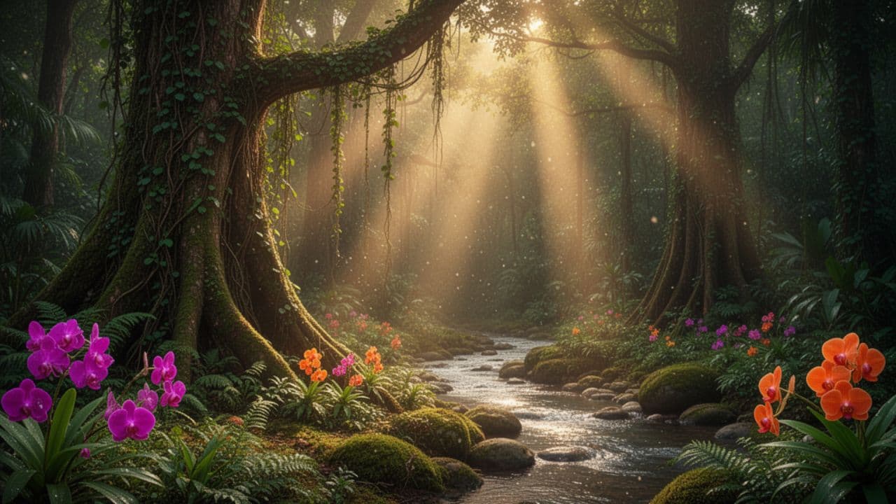 Jungle Sunrise with Elephant and Bicycle