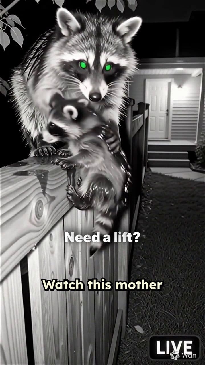 Mother Raccoon Helps Baby Over Fence