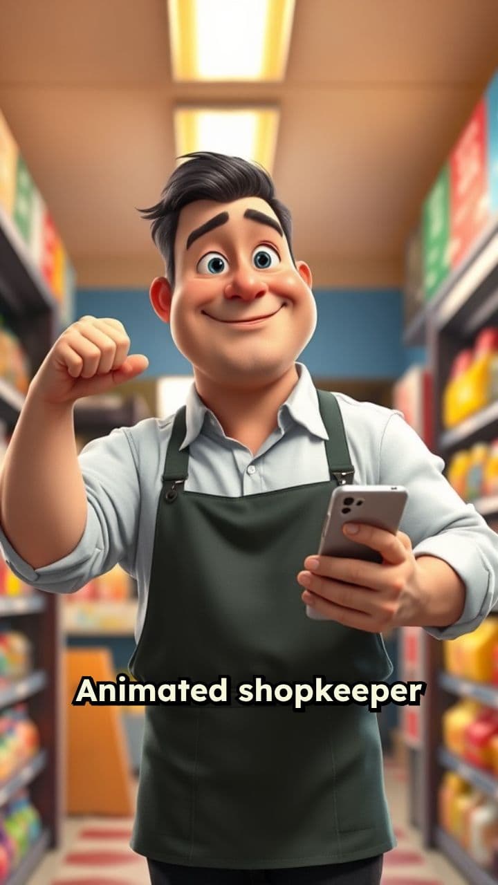 Confident Shopkeeper with Phone