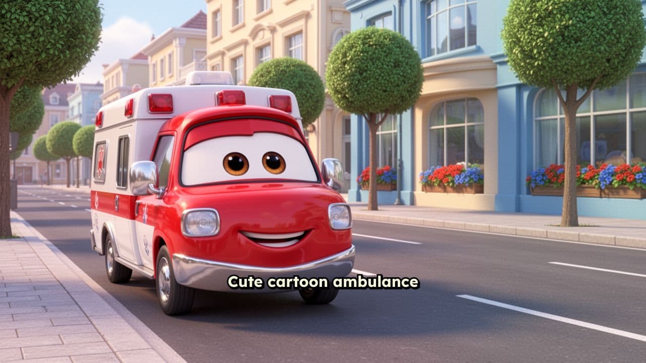 Smiling Cartoon Ambulance in the City