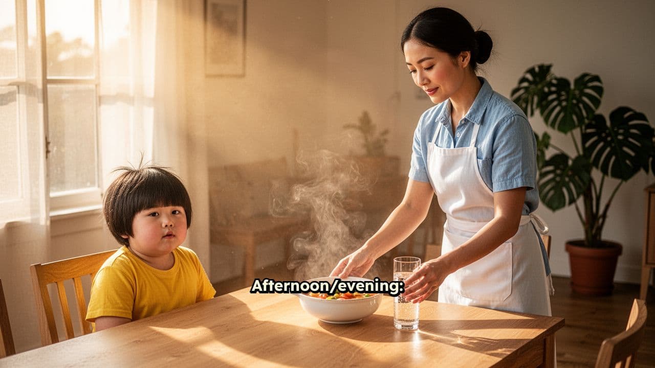 Mother Serves Dinner, Boy on Phone