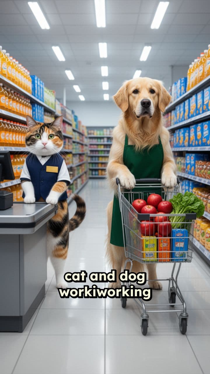 Cat and Dog Working in Supermarket