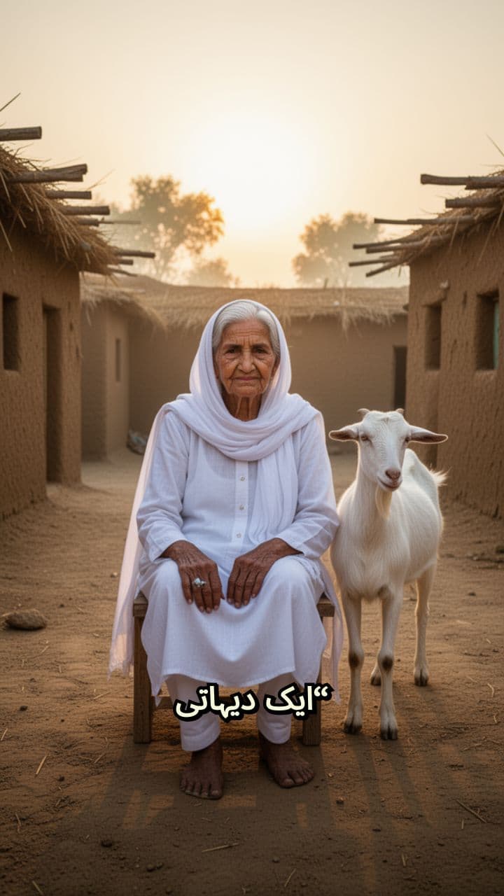 دیہاتی صحن میں دادی اور بکری