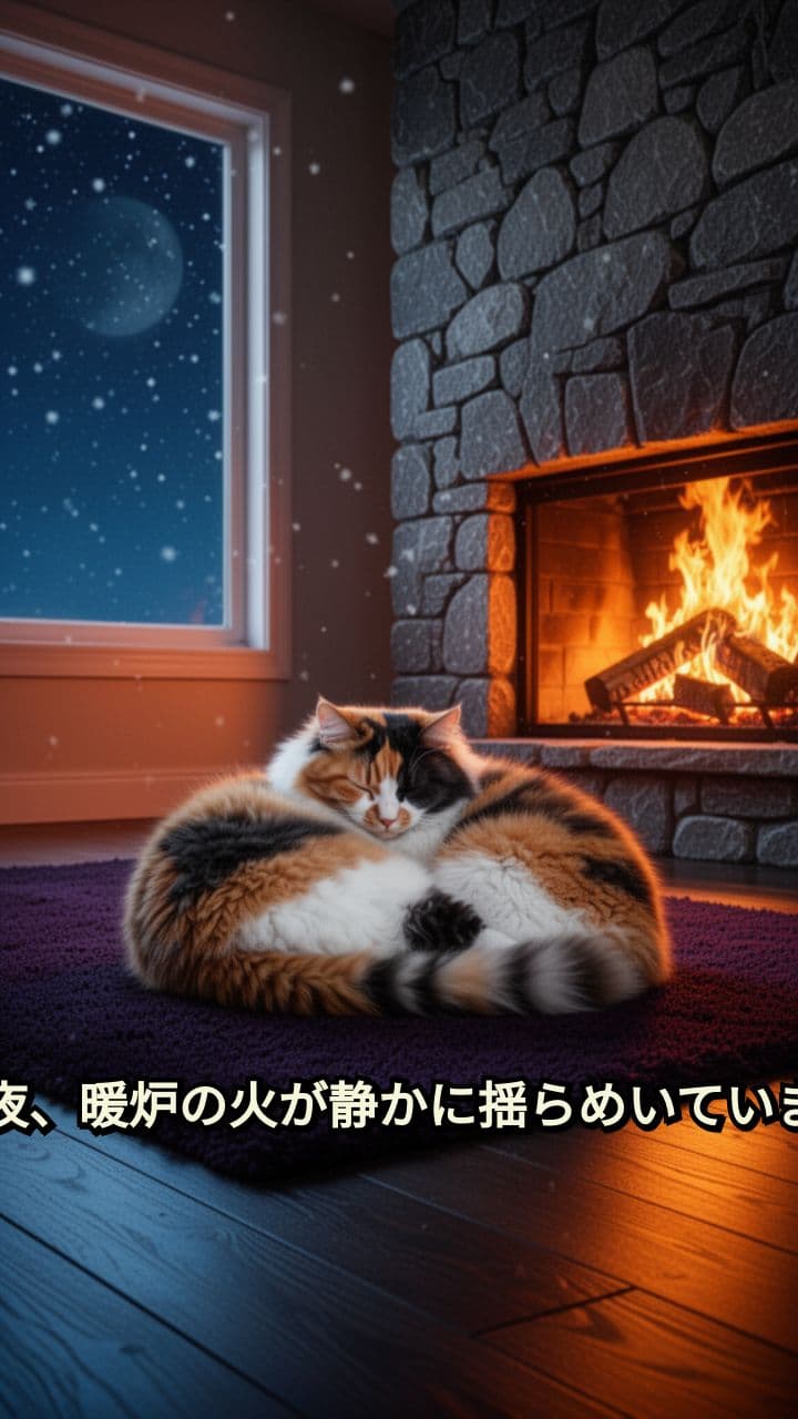 冬の夜の暖炉と猫の癒し