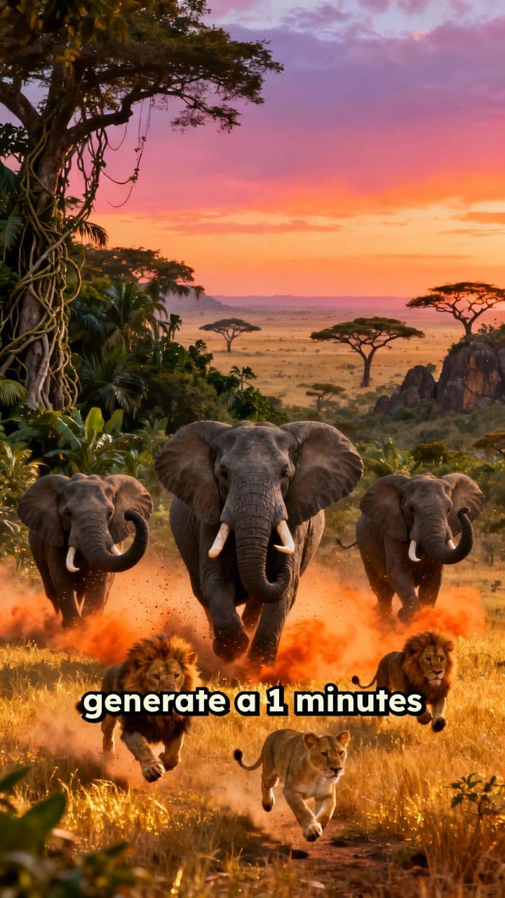 Elephants Chasing Lions in Savannah