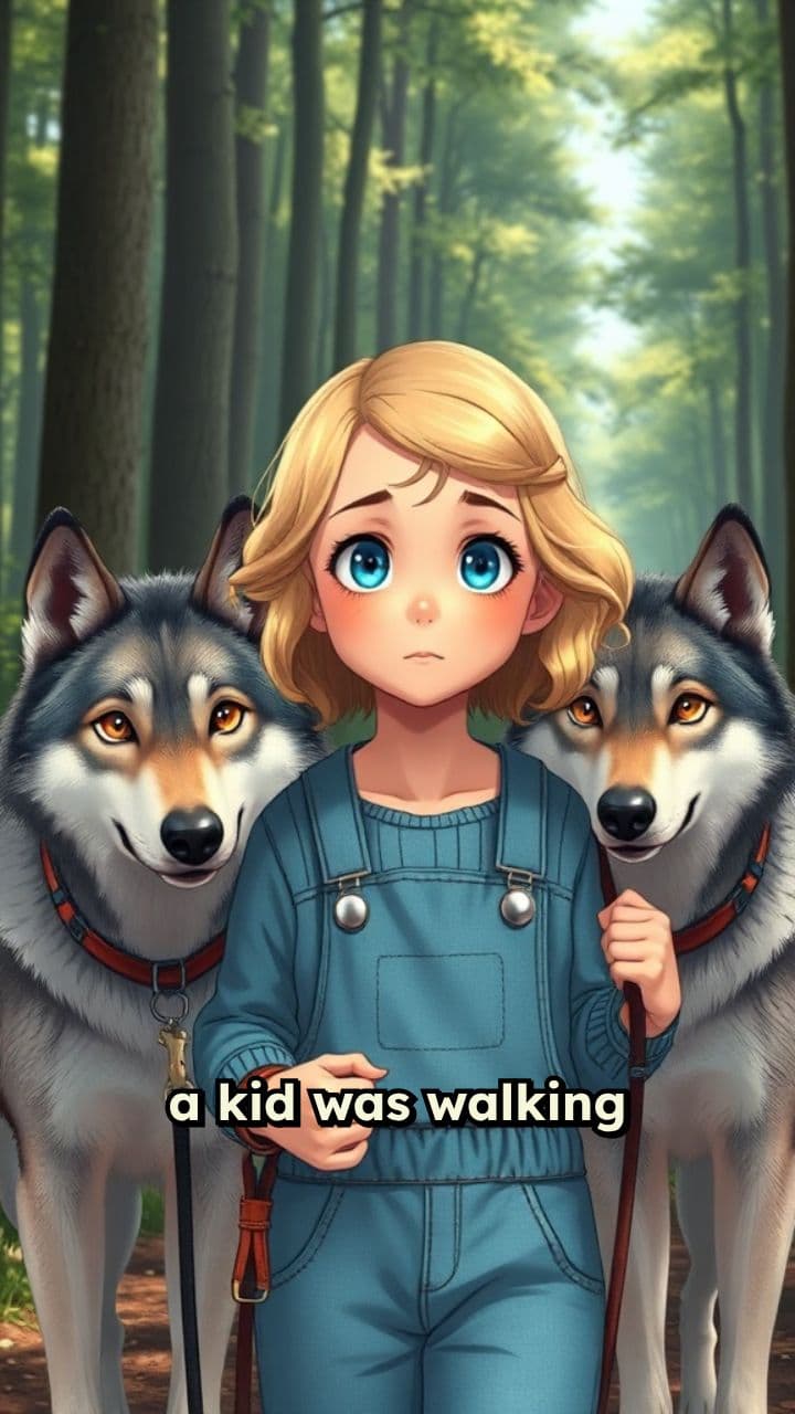 A Kid Walking Two Wolves