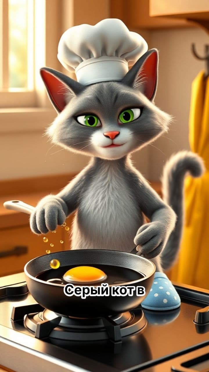 Серый кот готовит на кухне