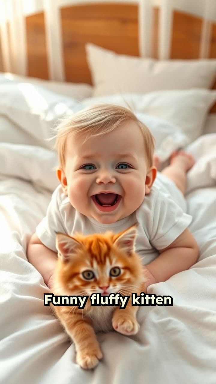 Fluffy Kitten Plays With Baby