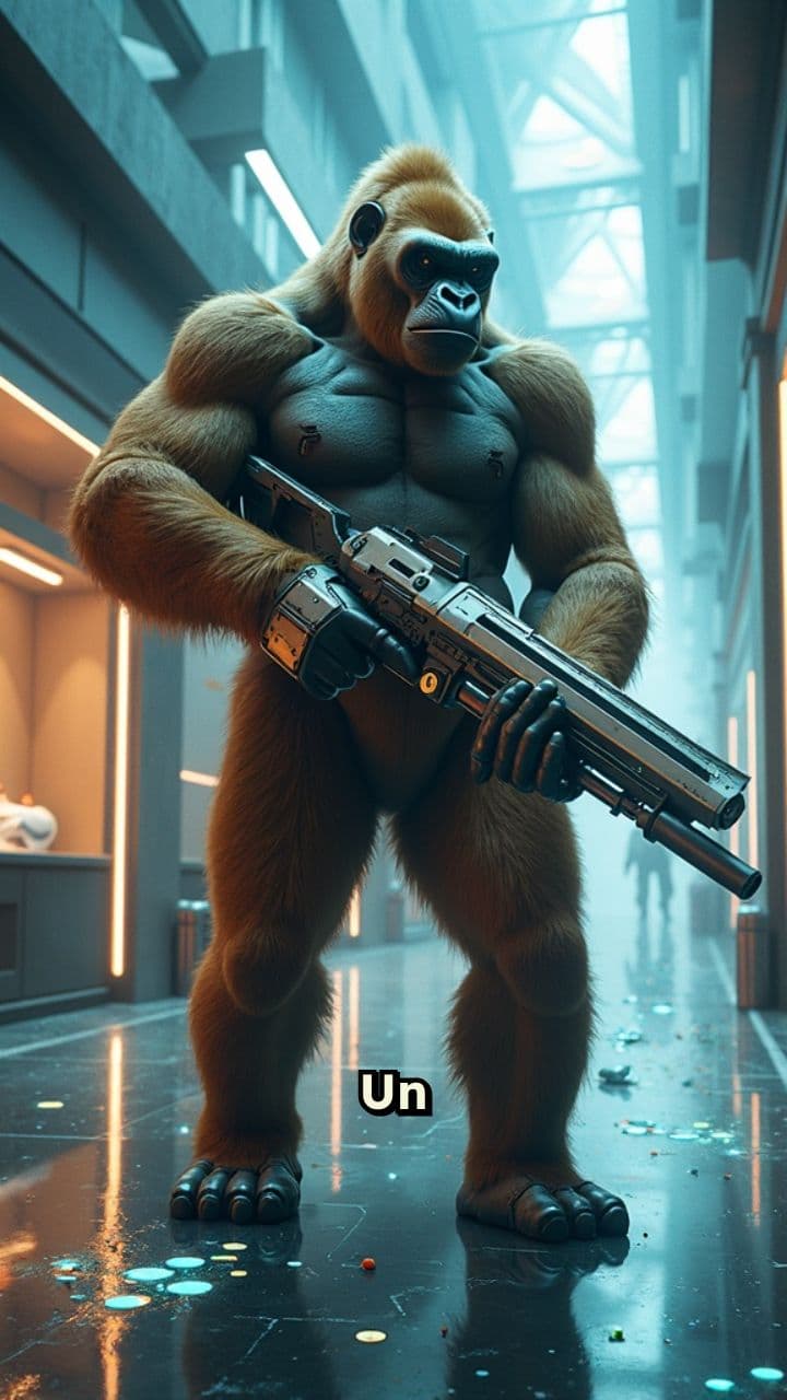 Gorila asaltando un banco con rifle