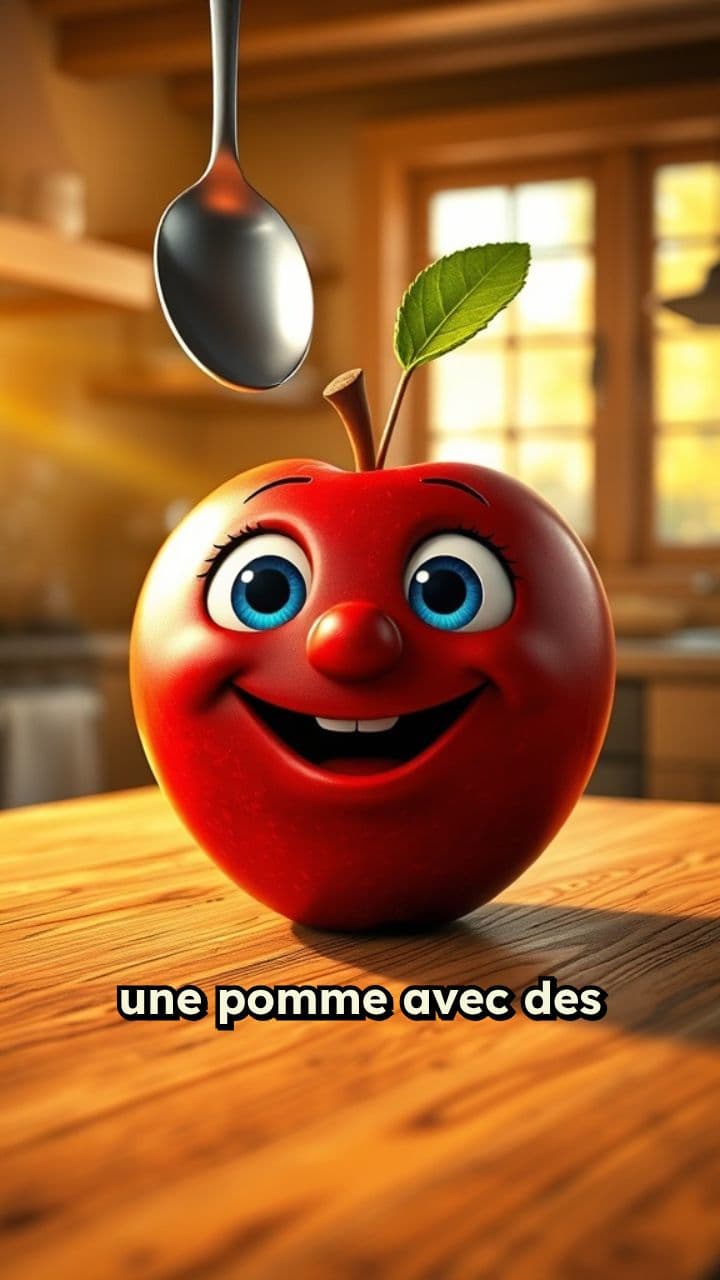 Pomme animée mangeant de la compote