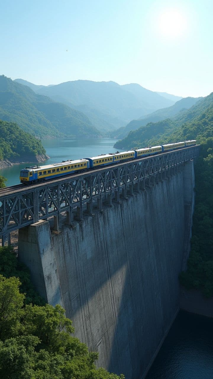 Drone View: Moving Train at DVC Telaiya Dam Bridge