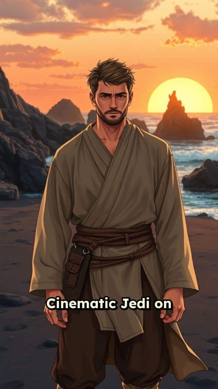 Jedi en playa volcánica al atardecer
