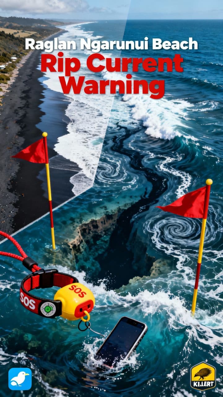Raglan Ngarunui Beach Rip Current Warning