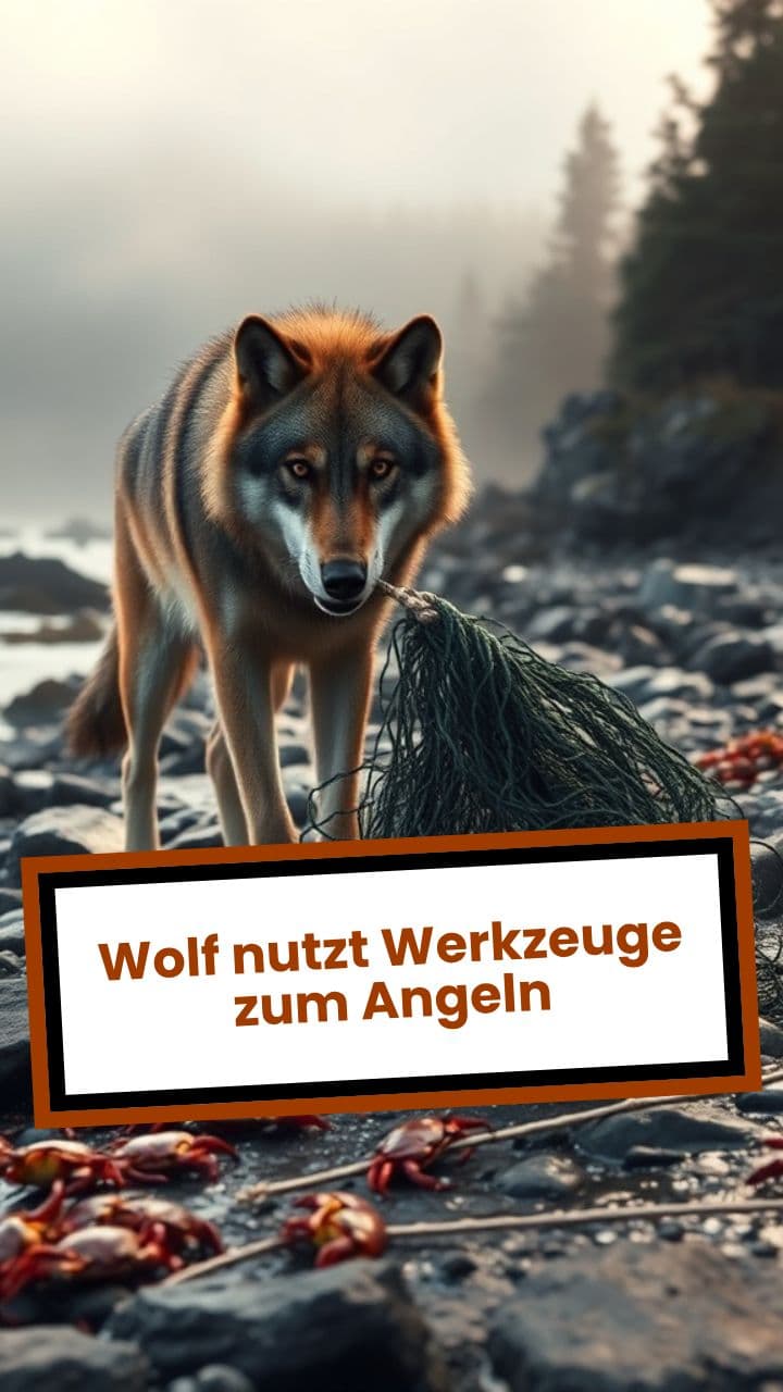 Wolf nutzt Werkzeuge zum Angeln