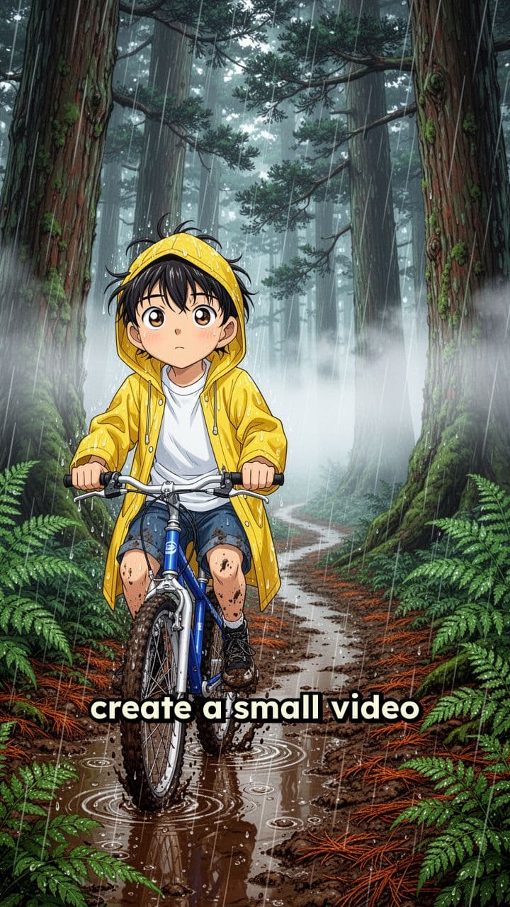 Boy Cycling Through Rainy Forest