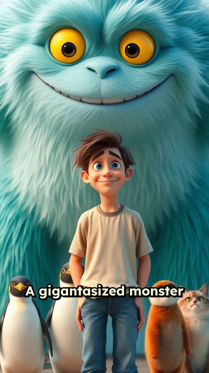 Giant Monster Overlooks Human and Animals