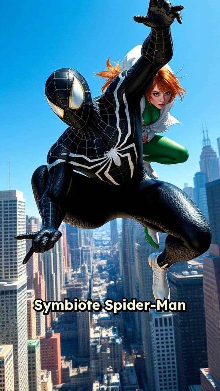 Symbiote Spider-Man and Rogue Swinging Together