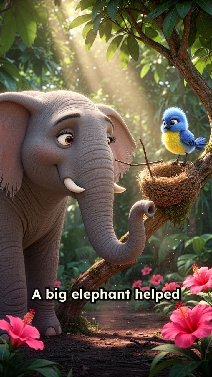 Kindness Between Elephant and Bird