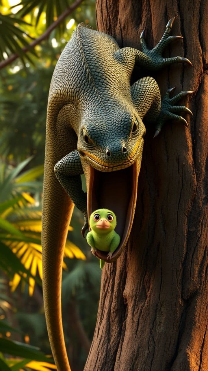 Wildlife Struggle: Monitor Lizard vs. Mother Parrot