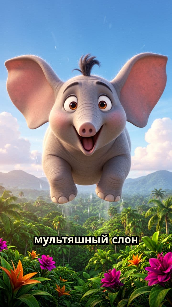 Мультяшный слон падает в джунгли