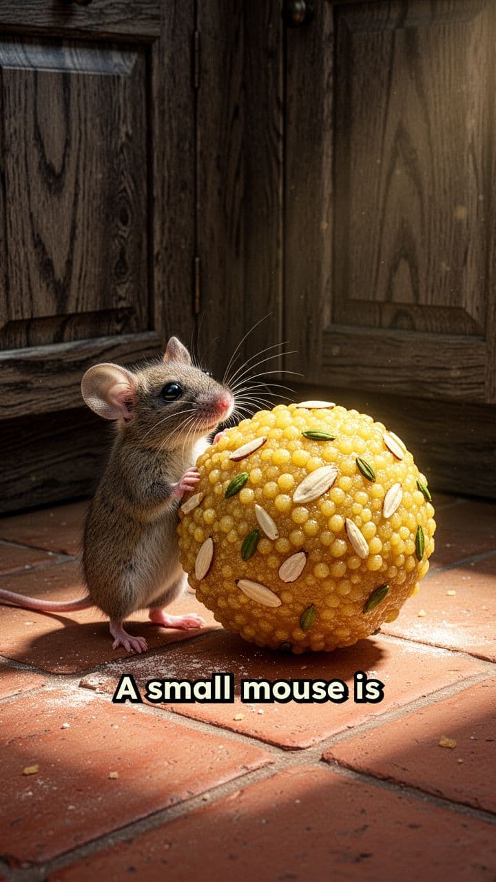 Mouse Struggles to Carry Giant Ladoo