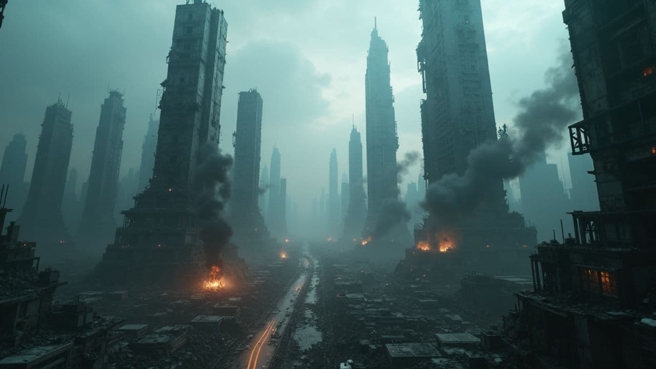 Überflug über die Ruinen einer Megastadt