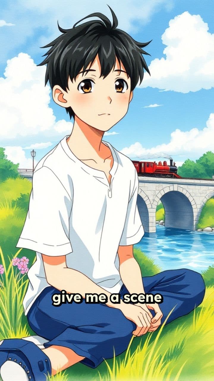 Boy Watching a Train from the Bridge