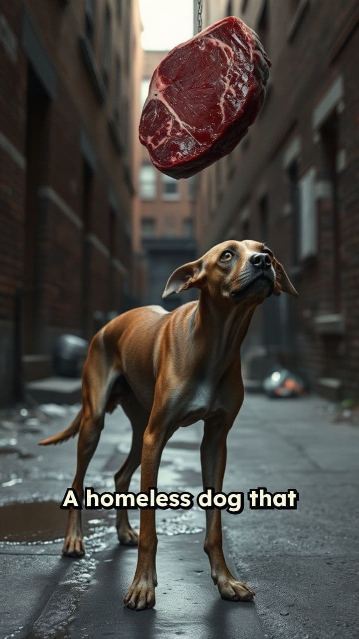 Starving Dog Chases Falling Steak