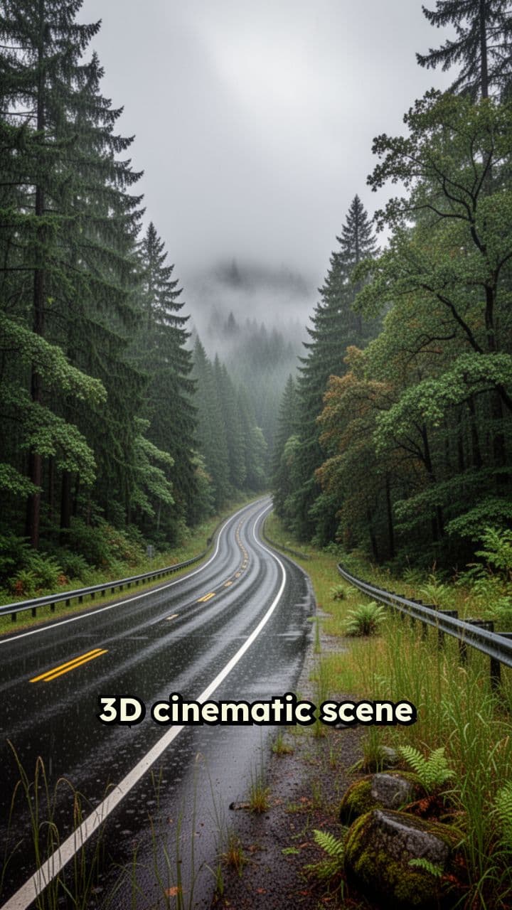Rain-Soaked Forest Highway Aerial Scene