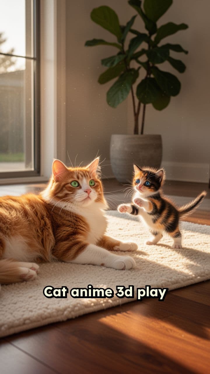 3D Anime Cat Playing with Kitten