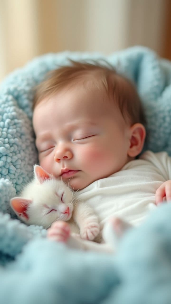 Baby and Kitten Sleeping Together