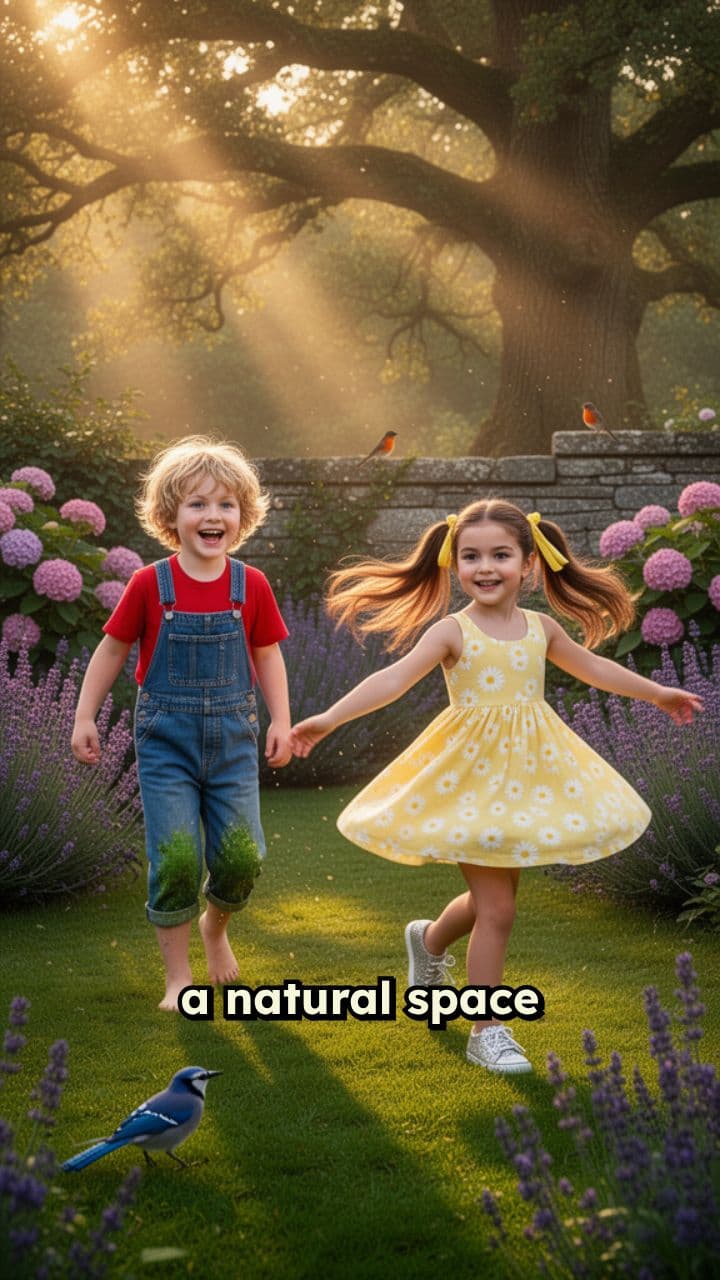 Kids Playing in Garden with Birds