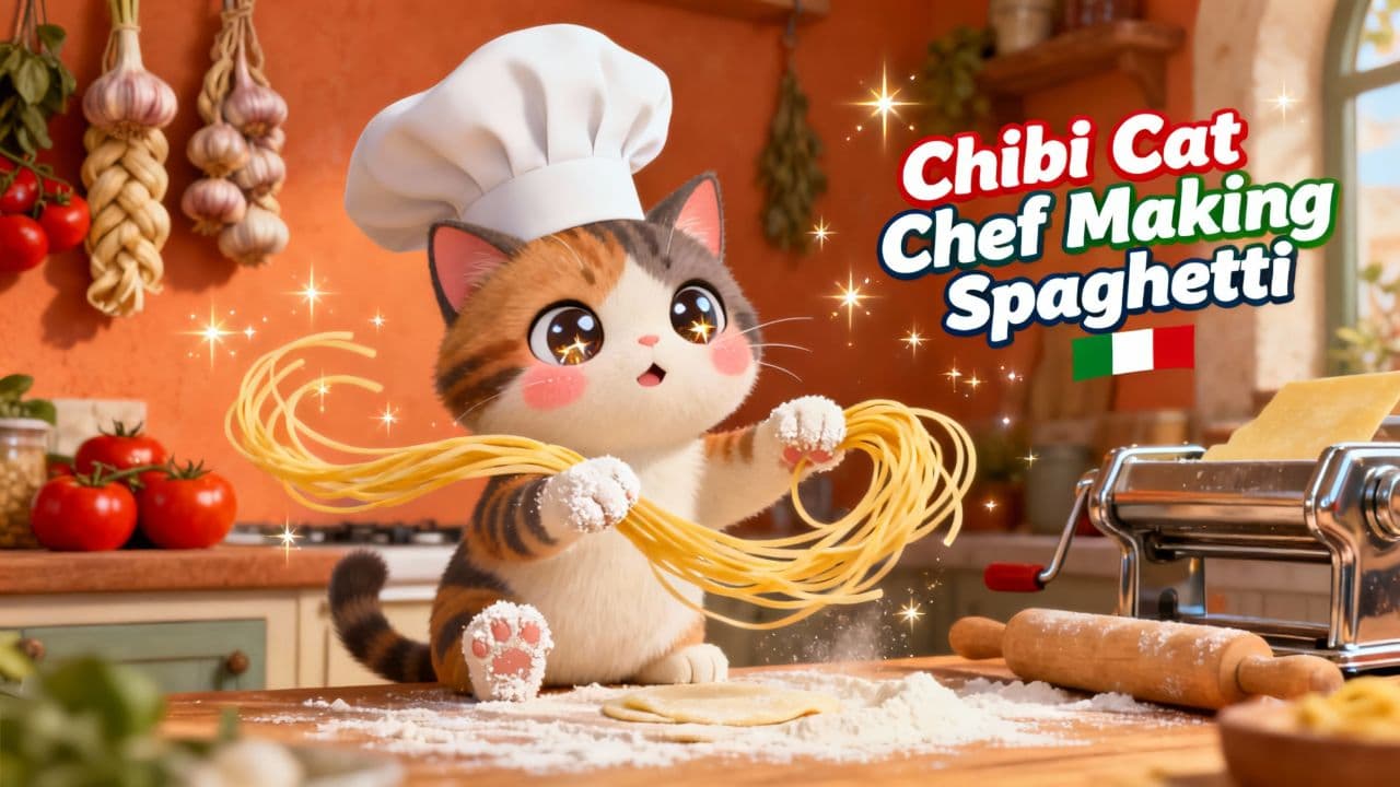 Chibi Cat Chef Making Spaghetti